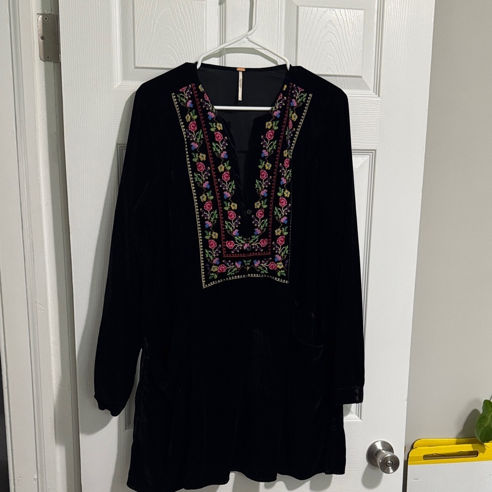 Free People Black Dress with Pink and Green Embroidery